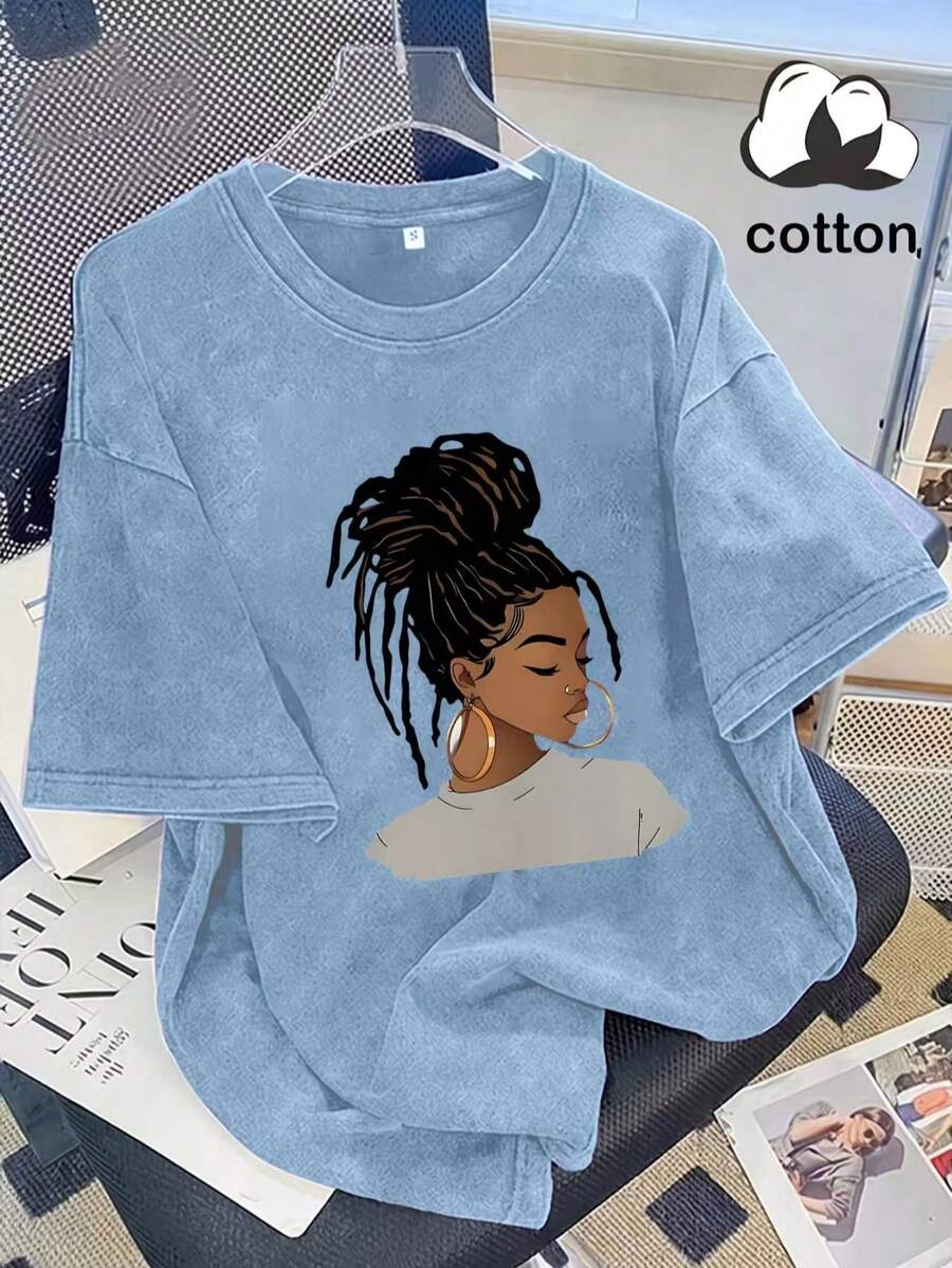 2026 Summer Women's Casual Short Sleeve T-Shirt, Hot Girl Portrait Print, Washed Cotton Crew Neck Tee, 100% Cotton Everyday Wear, Available S-3XL - Sky Blue - 查看 1