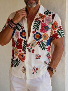 GOLDREDY Men's Summer Vacation Casual Commute Minimalist Floral Print Shirt - White - View 3