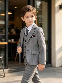 4pcs/Set Boys Elegant Gentleman Suit - Jacket, Vest, Pants, Tie, Suitable For Weddings And Formal Occasions - Grey - View 1