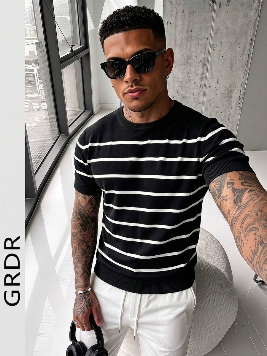 GRDR 男士夏季針織條紋短袖襯衫，適合夏季度假休閒穿著