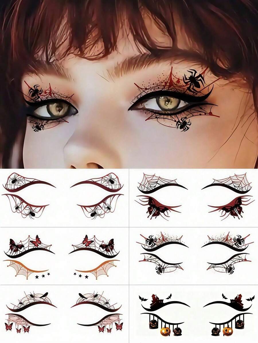 6 Sheets Halloween Temporary Eyeshadow Tattoos Stickers Spider Tattoo Halloween Eye Stickers With Pumpkin Skull Butterfly Bat Spider Web Face Tattoo For Festival Makeup Cosplay Halloween Party - Multicolor - View 1