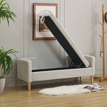 Velvet Storage Bench With Arms - Ideal For Living Room, Entryway And Bedroom - Ivory - 灰色 - 查看 10