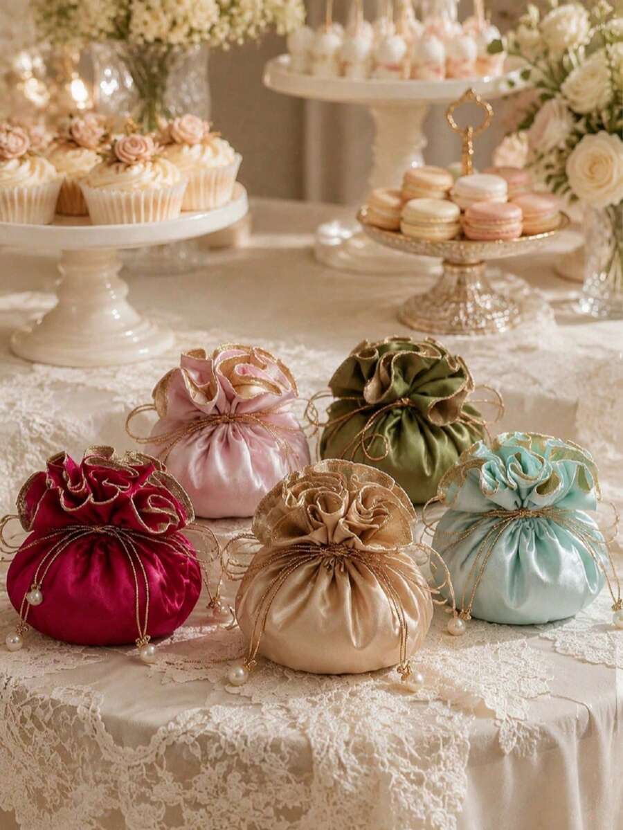 10pcs Gifts For Her/Him, Satin Drawstring Candy Bags, Red Champagne Wedding Satin Drawstring Candy Bags Gift Bags, Suitable For Christmas, Birthday, Wedding And Valentine's Day Gift Shop, Jewelry Storage Gift Packaging Bags - Gift Bag - View 1