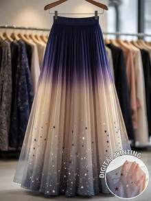 Rok A-Line Retro Motif Langit Berbintang Ombre Kasual Elegan Serbaguna untuk Wanita, Cocok untuk Acara Brunch, Liburan Musim Semi/Panas - Purple - View 2