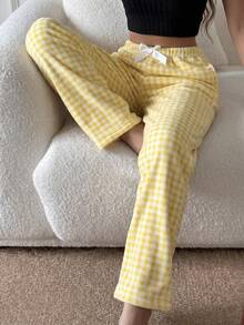 1pc Women's Dual-Color Plaid Print Soft Comfortable Flannel Thermal Lined Pajama Pants, Autumn/Winter - Yellow - View 5