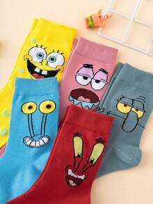 SpongeBob SquarePants 5雙方褲系列章魚哥觸手表情圖案個性趣味男士中筒襪，情侶款 - 彩色 - 查看 4