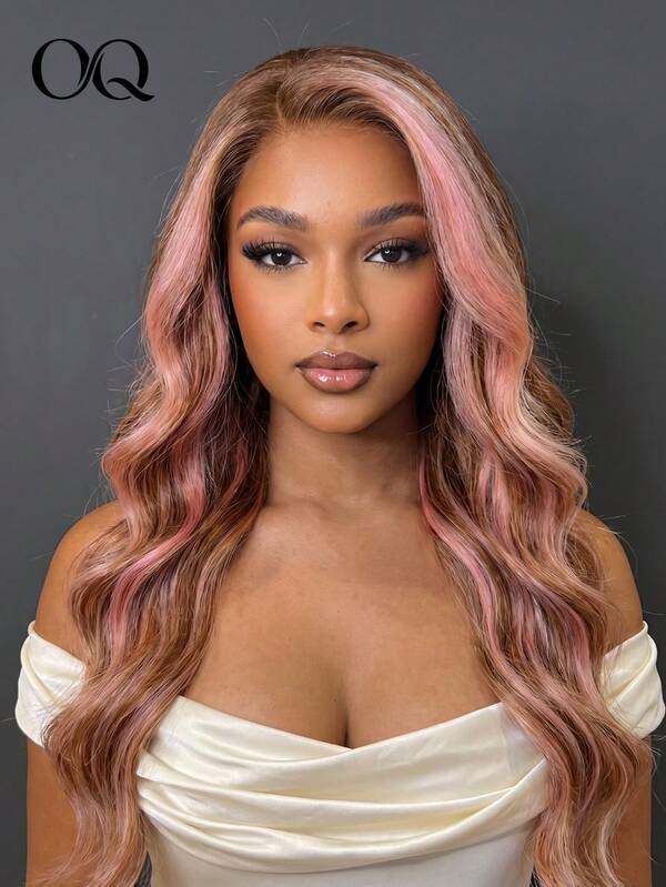OQ Peluca de cabello humano con reflejos de color, sin pegamento, lista para usar, onda corporal, cabello largo de 24-26 pulgadas, densidad del 180%, encaje HD pre-cortado de 6x4, aspecto natural, perfecta para cualquier ocasión