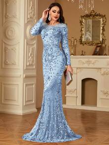 hezixi High-Quality Elastic Sequin Evening Gown, Featuring Sheer Round Neck Design, Slim Fit, Mermaid Hem, Unique Design Wedding Party - 藍色 - 查看 5