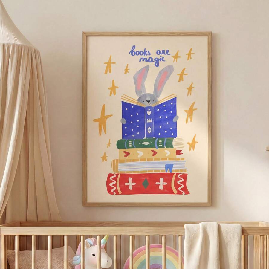 1件「Books Are Magic」可愛兔子帆布海報牆飾,勵志閱讀繪畫,兒童房/遊戲室裝飾,無框/有框/木製掛飾 - 彩色 - 查看 1