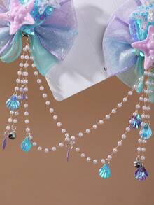 1pc Girls Multi-Color Double Layer Bow Mermaid Tail Starfish Pearl Detachable Forehead Hair Clip With Mesh Shell Bead Chain Bell Versatile Forehead Back Head Side Clip Hair Accessory For Daily Use - Multicolor - View 2