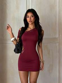 Women's Summer Red Asymmetrical Shoulder Lace Hollow Mini Dress For Birthday, Holiday, Party - Burgundy - View 3