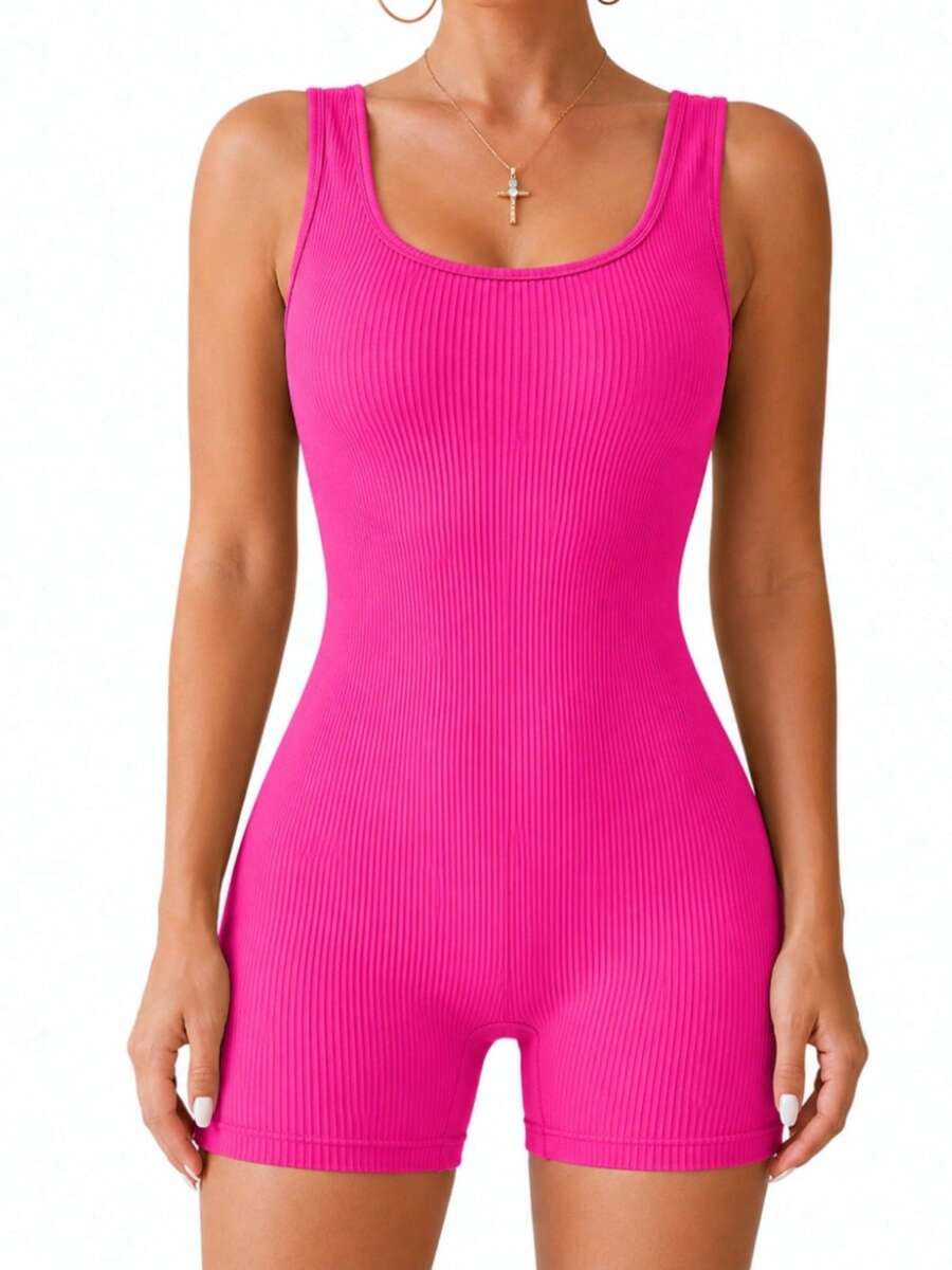 Women's Ribbed Fitness Romper Gym Workout Bodysuit - 玫紅色 - 查看 1