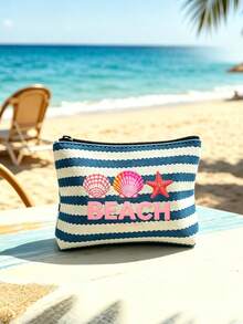 1/2 pièces/set Sac fourre-tout rayé & Sac de maquillage, motif imprimé "Plage", convient pour les vacances, les voyages, les trajets, les achats, cadeau pour la famille et les amis - Multicolore - Voir 16