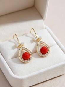 1 Pair Of Fashionable Personalities Bowknot Faux Pearl Earrings Suitable For Women's Daily Commuting ﻿ - Red - View 3