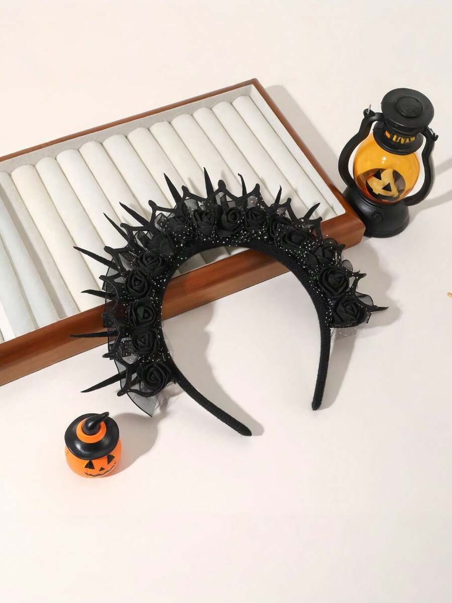 1pc Dark Crown Flower Witch Headband, Halloween Party Headband, Funny Devil Headband, Women's Hair Accessory For Party, Photo, Costume - View 1