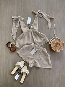 Conjunto de moda para mujer primavera/verano, conjunto de camisola y shorts para vacaciones.Negro elegante - Caqui - Ver 3