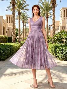 Vestido de noche elegante con cuello en V, estampado de malla, cordón y bajo asimétrico para boda y fiesta de primavera - Púrpura polvoriento - View 3
