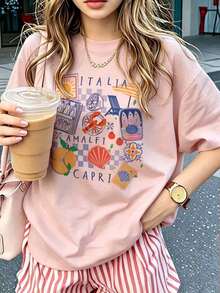 Kaos Motif Pantai Italia Ukuran Besar Wanita Longgar Leher Bulat Lengan Pendek Motif Lemon & Makanan Laut Desain Kasual Atasan Merah Muda Musim Panas - Berwarna merah muda - View 3