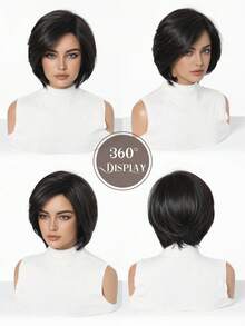 8 Inch Women's Short Bob Wig, Natural-Looking Synthetic Fiber, Black/Brown Straight Bob Hair, Fashionable Daily Wear Short Hairstyle, Halloween - Multicolor - View 8
