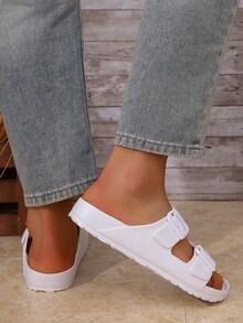Men's Minimalist Solid Color EVA One-Piece Lightweight Double Bar Comfortable Flat Slide Sandals, Breathable, Suitable For Home, Outdoor, Beach, Plus Size - White - View 5