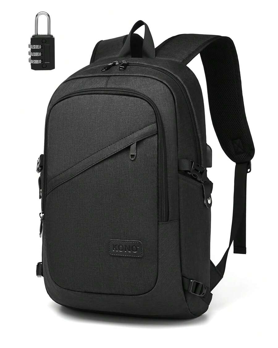 Laptop Backpack 15.6 Inch Large Travel Rucksack USB Charging Port Anti Theft Lock Water Resistant Computer Backpack For Men Women School Office - 黑色 - 查看 1