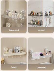 1 pieza Estante de baño rectangular con ventosa, organizador de baño transparente montado en la pared sin taladro, gran capacidad con ganchos, drenaje rápido, a prueba de humedad, ideal para baño, lavabo, caja de almacenamiento de cocina - Multicolor - Ver 6