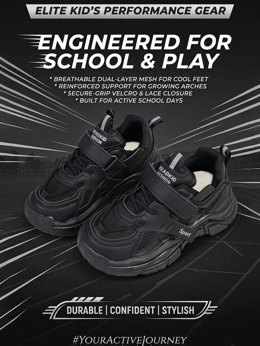 All Mesh Chunky Sneakers, Breathable Lightweight Hook And Loop Thick Sole Versatile Campus Sports Running Shoes For Boys And Girls - Black - View 1