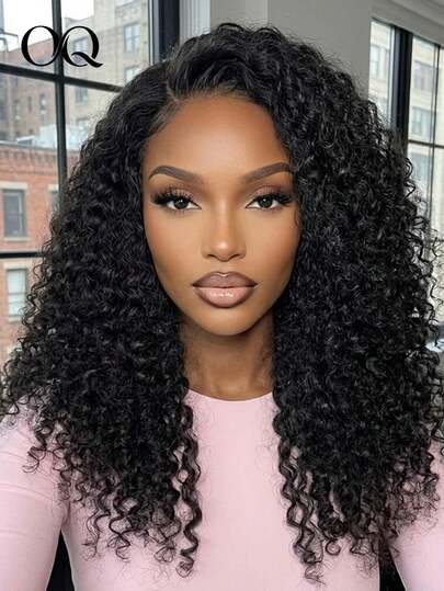 OQ Hair 7x5 Pre Cut HD Lace Wear And Go Glueless Wig Kinky Curly Human Hair Pre Bleached Knots 18-28 Inch Long Hair 180% Density Natural Color Pre-Cut And Pre-Plucked Hairline Invisible Lace Costumes For Women