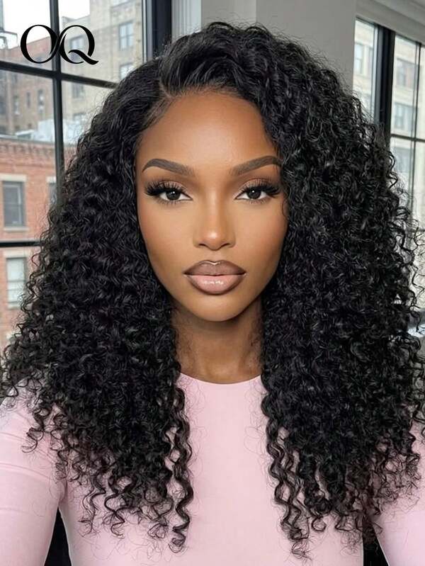 OQ Hair 7x5 Pre Cut HD Lace Wear And Go Glueless Wig Kinky Curly Human Hair Pre Bleached Knots 18-28 Inch Long Hair 180% Density Natural Color Pre-Cut And Pre-Plucked Hairline Invisible Lace Costumes For Women