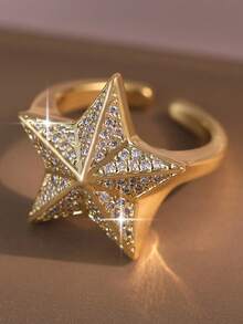 1pc Fashion Stars Cubic Zirconia Adjustable Rings,Women's Layered Fashion Personalized Ring For Daily Wear,Music Festivals,Summer Vacation Travel - Yellow Gold - View 6