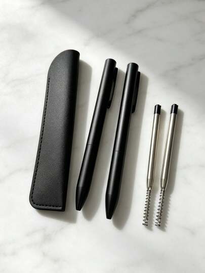 3/2pcs Matte Metal Signature Pen Set, With 0.5mm Black Ink Refill, Smooth And Even Ink Flow, Suitable For Business Office, Meeting Signing, Student Exams, Daily Writing And More. The Pen Case Is An Excellent Choice For Corporate Gifts, Business Presents Or Holiday Souvenirs. The Pen Case Is Made Of PU Leather.