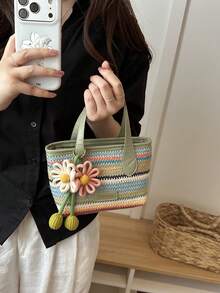 Colorful Striped Women's Handbag, Fashionable Versatile Bucket Bag With Floral Charm, Shoulder Crossbody Bag - Multicolor - View 3