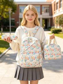 3 PiecesCasual College Style Floral Pattern Backpack Set, Includes Backpack, Lunch Bag And Pencil Case, With Laptop Compartment, Adjustable Shoulder Straps, Multi-Pocket Large Capacity, Multi-Function School Bag Set, Suitable For Girls/Teens/College Students/Graduates Daily Use/Vacation/Travel/Back To School. - 2347 - View 1