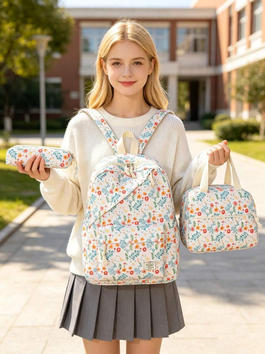 3 PiecesCasual College Style Floral Pattern Backpack Set, Includes Backpack, Lunch Bag And Pencil Case, With Laptop Compartment, Adjustable Shoulder Straps, Multi-Pocket Large Capacity, Multi-Function School Bag Set, Suitable For Girls/Teens/College Students/Graduates Daily Use/Vacation/Travel/Back To School. - 2347 - View 1