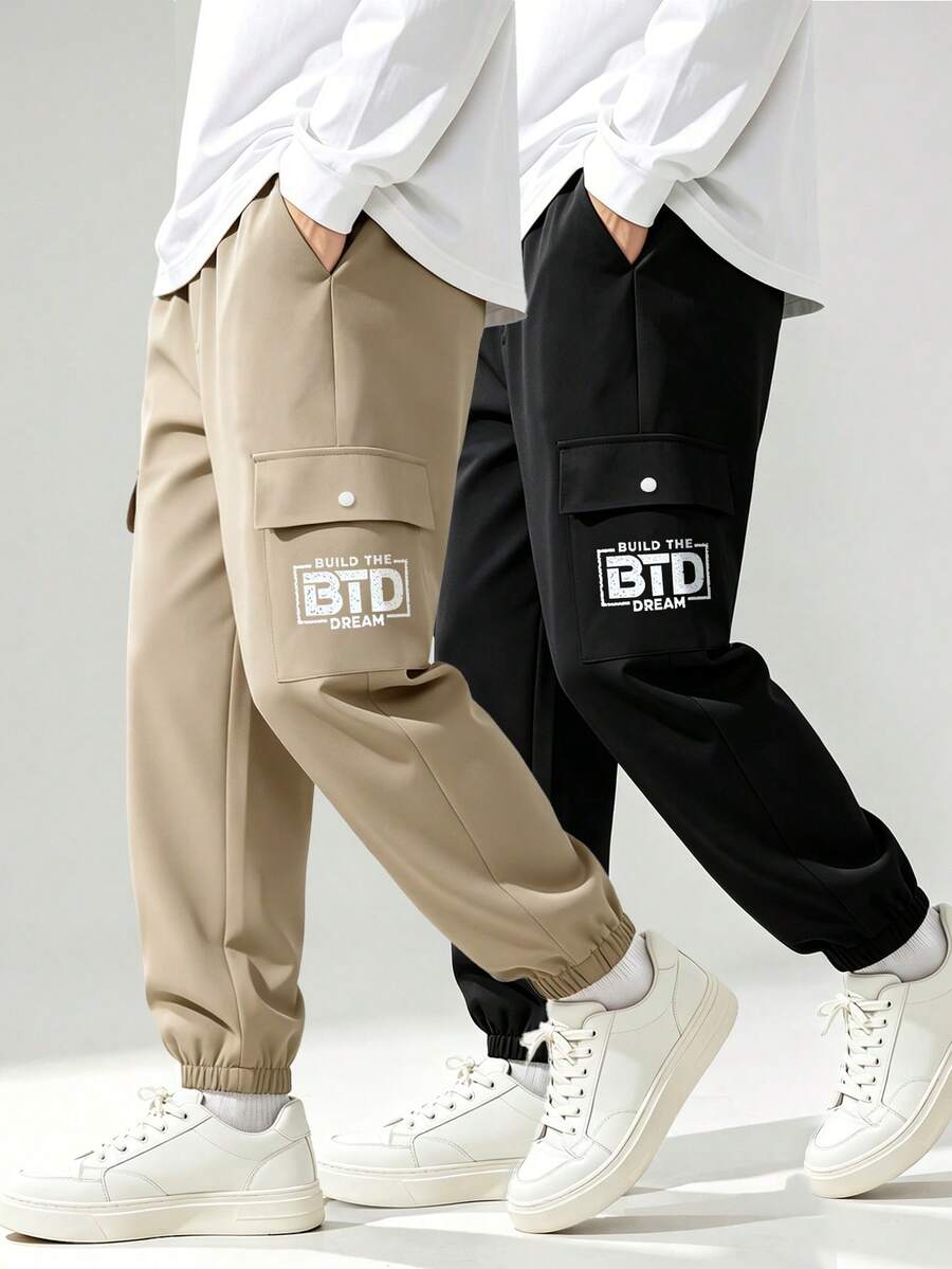 Boys' Spring/Summer Solid Color Cargo Jogger Pants, Khaki/Black, Durable Drape Fabric With Letter Print And Cargo Pockets, Multi-Color Options, Versatile Streetwear For Daily Outings, School Activities, And Outdoor Leisure - Multicolor - View 1