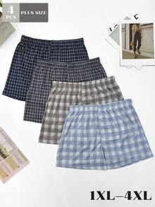 4件組男士夏季薄款休閒短褲，格紋印花睡褲，四角內褲，寬鬆透氣鬆緊腰帶，無門襟，多色組合，大尺碼 - 彩色 - 查看 1
