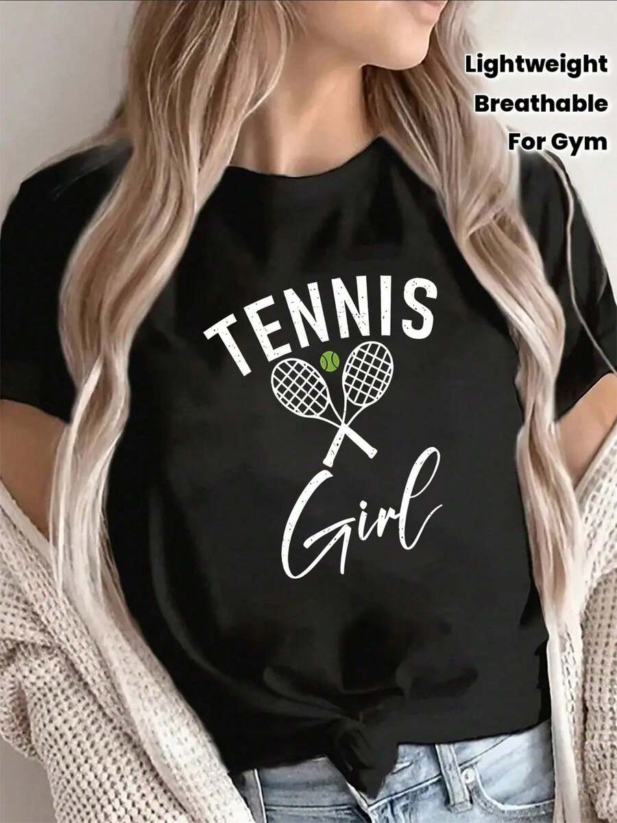 Tops de algodón puro con cuello redondo y estampado de pelotas de tenis, conjuntos de verano para mujer, camiseta de gimnasio, blusas bonitas de mujer juvenil, camiseta transpirable. - Negro - Ver 1