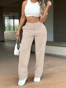 Solid Color High Waist Slimming Petite Commuter Versatile Casual Long Pants - Apricot - View 2