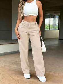 Solid Color High Waist Slimming Petite Commuter Versatile Casual Long Pants - Apricot - View 3