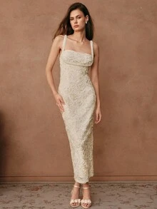 Anewsta Savoree Damen Frühlings-/Sommer Valentinstag elegantes Party- und Hochzeitsgastkleid, Beige/Aprikose elegantes romantisches Kleid aus strukturiertem Stoff mit 3D-Blumen- und Perlendekor, tailliertes Kleid mit Spaghettiträgern, Hochzeitsgastkleid, Feenkleid, Korsett, Off-Shoulder - Aprikosenfarben - Übersicht 3
