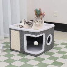 Large Cat Cave Bed With Scratching Board And Fluffy Ball Foldable Cat Cozy House 41X41X32CM - Grey - View 7