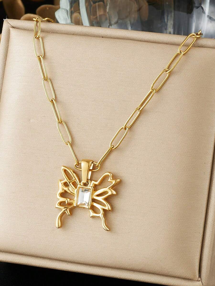 1pc Fashion Versatile Hollow Out Diamond Set Butterfly Insect Pendant Gold Plated Stainless Steel Jewelry Necklace - Gold - View 1