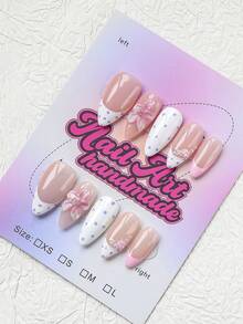 10pcs Handmade Almond Shaped Fake Nails, Y2K Style Press-On Nails, White & Purple Polka Dot French Tip, 3D Embossed White & Pink Flower Decor With Pearl Accessories, Minimalist Elegant For Party, Prom, Daily Wear, Comes With Tool Kit, Perfect Gift For Women And Girls - Multicolor - View 2