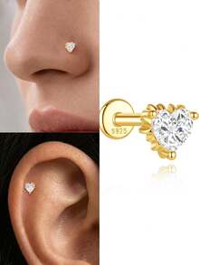 1Pc 925 Sterling Silver Cute Heart CZ Nose Stud Flat Back Hypoallergenic Body Cartilage Piercing Jewelry For Women Men Daily Wear & Gifts - Gold - View 2