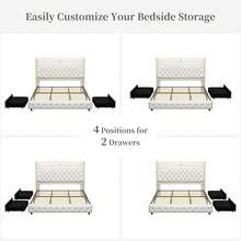 SIBEDS LED Bed Frame With Galaxy Aurora Star Projector & Charging Station, Full Queen King Size Upholstered Storage Platform Bed With 2 Removable Drawers, 52" Crystal Tufted Headboard, Noise-Free, No Box Spring Required, PU White - 聚氨酯白 - 查看 10