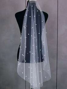 1pc Single Layer Starry Pearl Short Bridal Veil, High Quality Skin-Friendly Soft Mesh Wedding Veil - Multicolor - View 12
