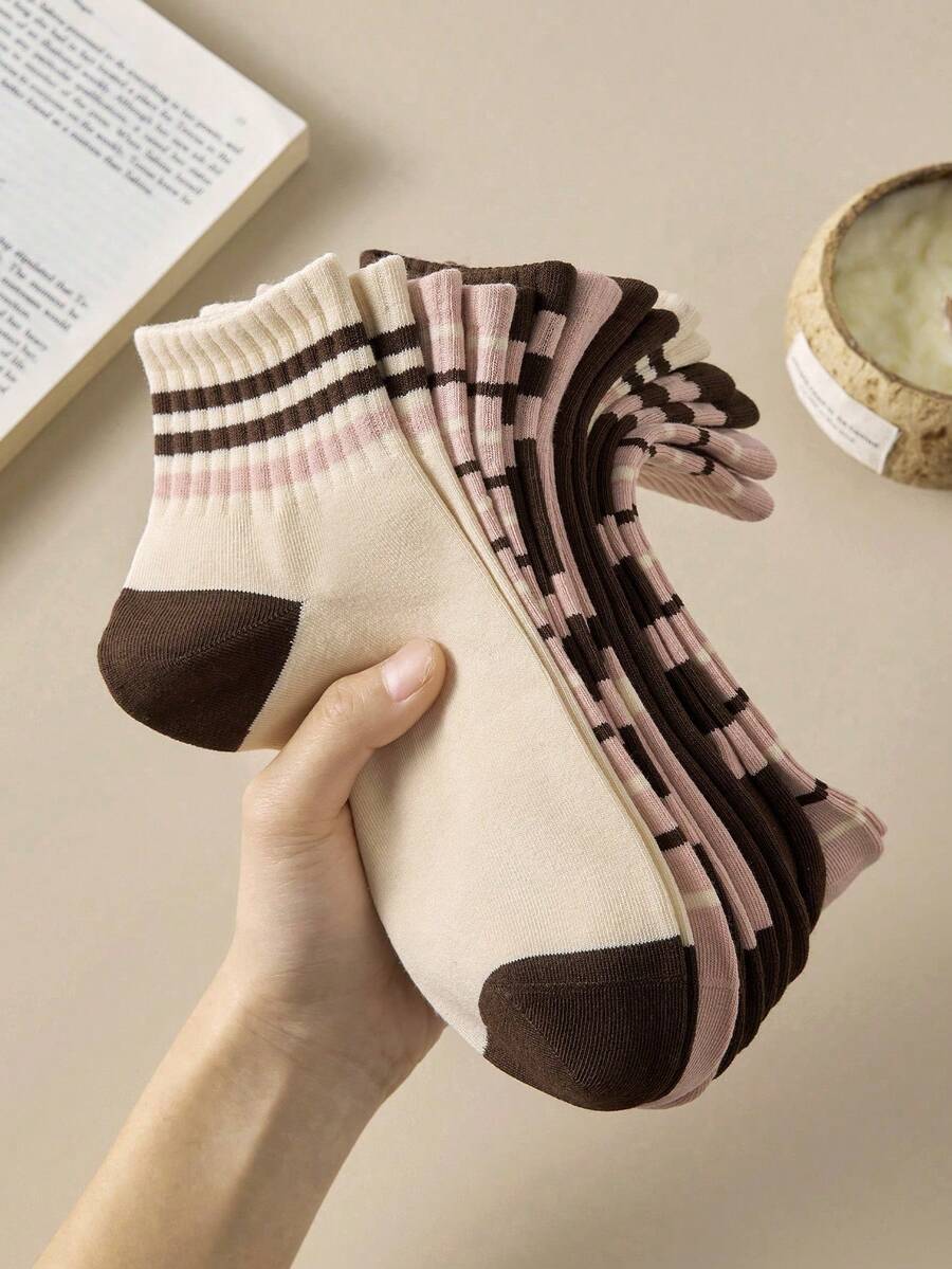 5 Pairs Women's Maillard Color Striped Short Socks, Seamless Retro Colorblock Short Socks, Suitable For Casual Daily Wear - Multicolor - View 1