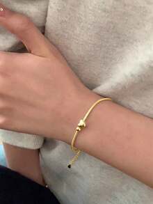 BALMORA 1pc 925 Sterling Silver Heart-Shaped Bead Bracelet, Minimalist Snake Chain Design, Suitable For Women's Fashion Daily Wear, Can Be Given As A Gift To Friends - Gold - View 4