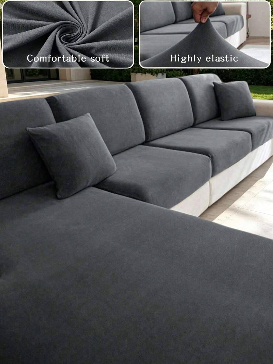 1pc Solid Color Milk Silk Sofa Cushion Cover, High Elasticity Dust-Proof Stain-Resistant Removable Washable All-Season Sofa Slipcover, Suitable For Outdoor Rattan Modular Sofa, Single Piece Sold Not Set Sofa Cushion Protector - Dark Grey - View 1