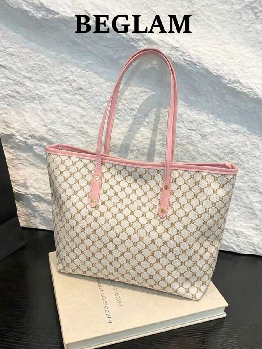All-Over Print Shoulder Tote Bag, Vintage Letter Print Tote Bag, Large Capacity Shoulder Bag, Perfect Commuter Underarm Bag, Women's Handbag - Multicolor - View 1